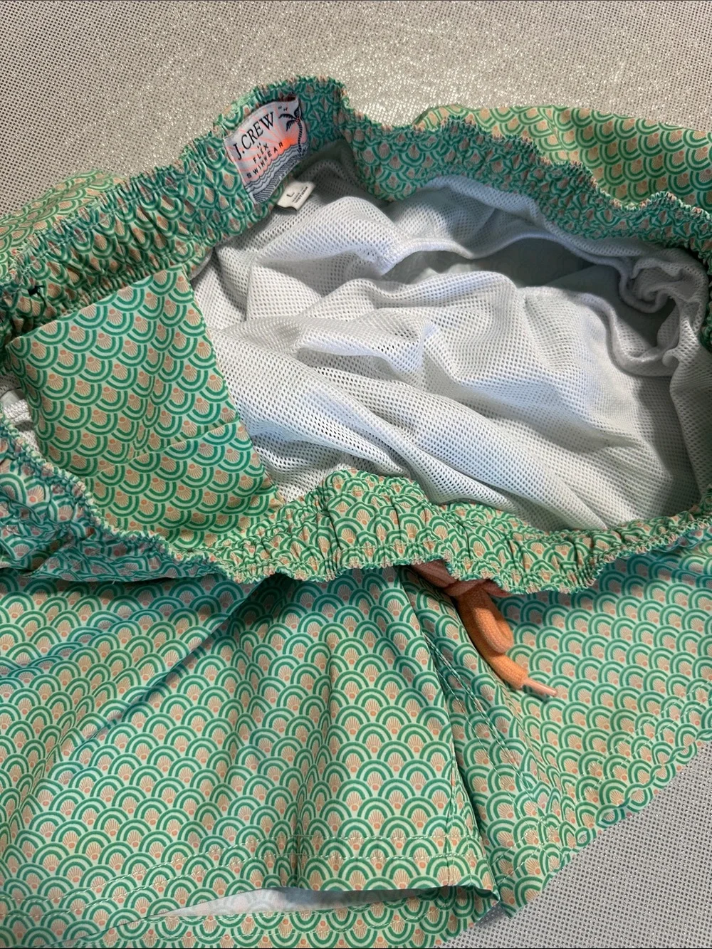 J. Crew Mint Green Scallop-Print Swim Shorts with Coral Accent